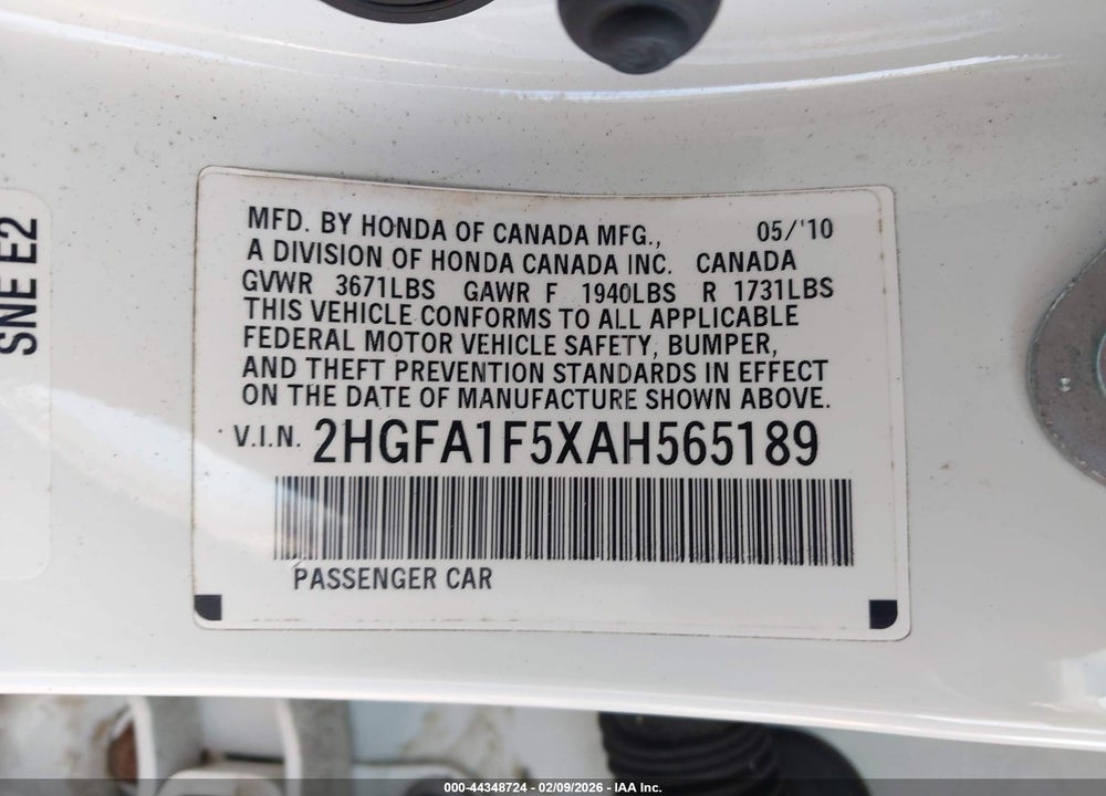 2010 HONDA CIVIC LX VIN: 2HGFA1F5XAH565189