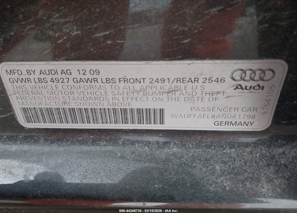 2010 AUDI A4 2.0T PREMIUM VIN: WAUFFAFL8AN041798