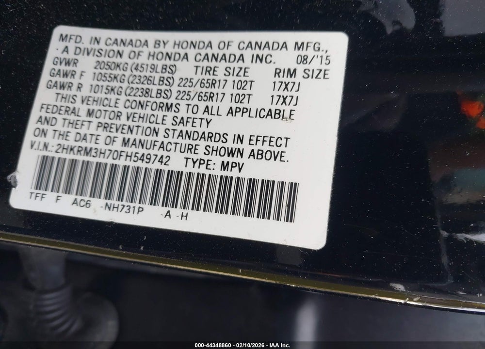 2015 HONDA CR-V EX-L VIN: 2HKRM3H70FH549742