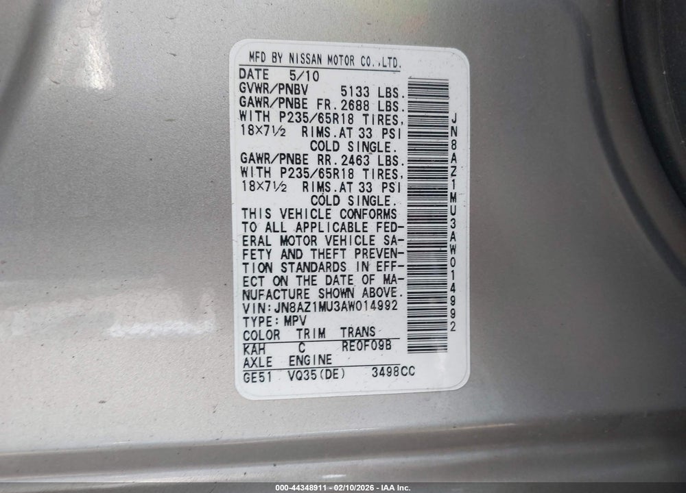 2010 NISSAN MURANO S VIN: JN8AZ1MU3AW014992
