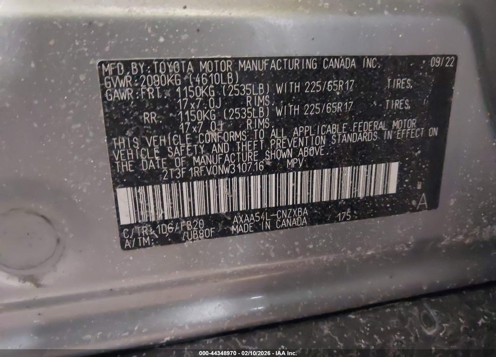 2022 TOYOTA RAV4 LE VIN: 2T3F1RFV0NW310716