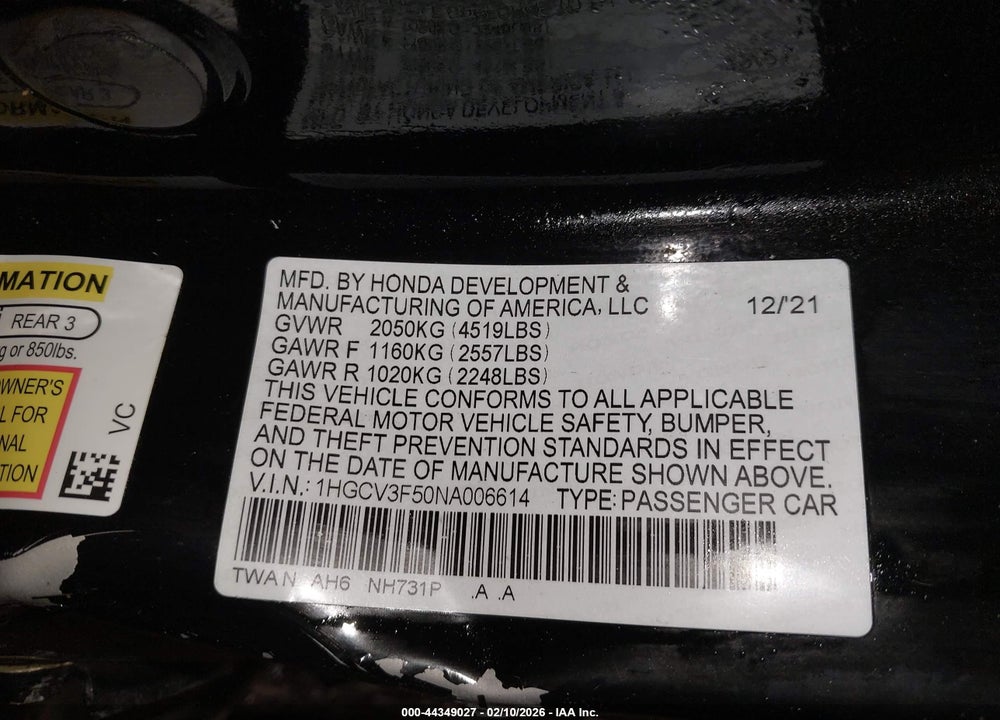 2022 HONDA ACCORD HYBRID EX-L VIN: 1HGCV3F50NA006614