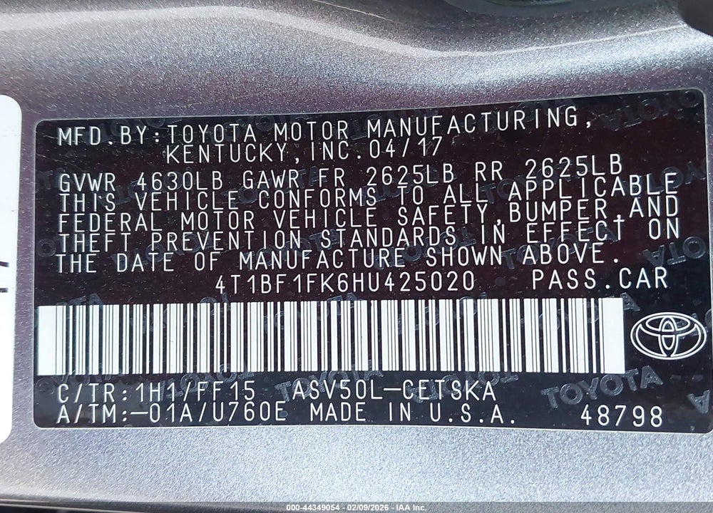 2017 TOYOTA CAMRY SE VIN: 4T1BF1FK6HU425020