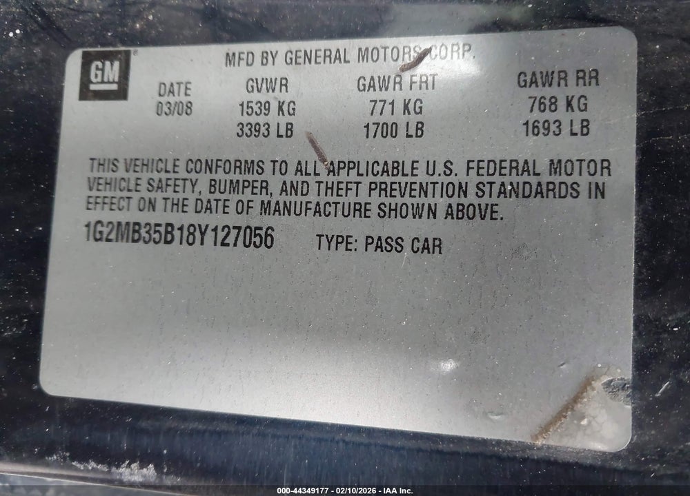 2008 PONTIAC SOLSTICE VIN: 1G2MB35B18Y127056