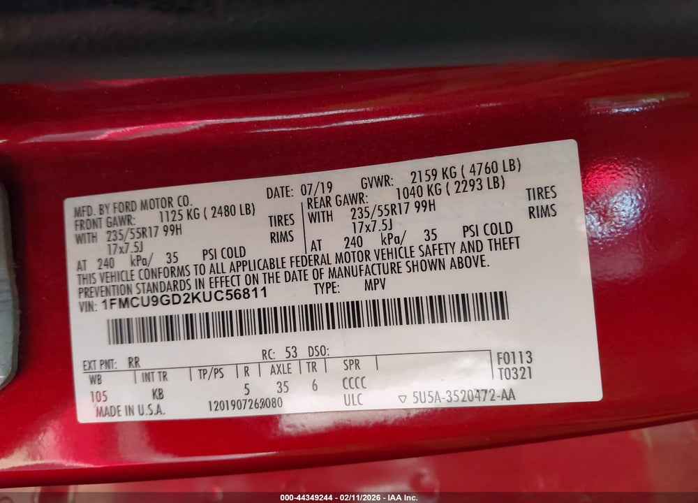 2019 FORD ESCAPE SE VIN: 1FMCU9GD2KUC56811
