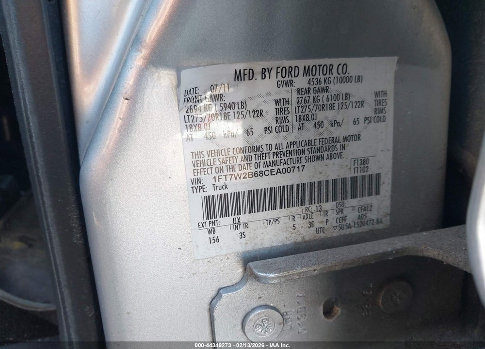 2012 FORD F-250 XLT VIN: 1FT7W2B68CEA00717