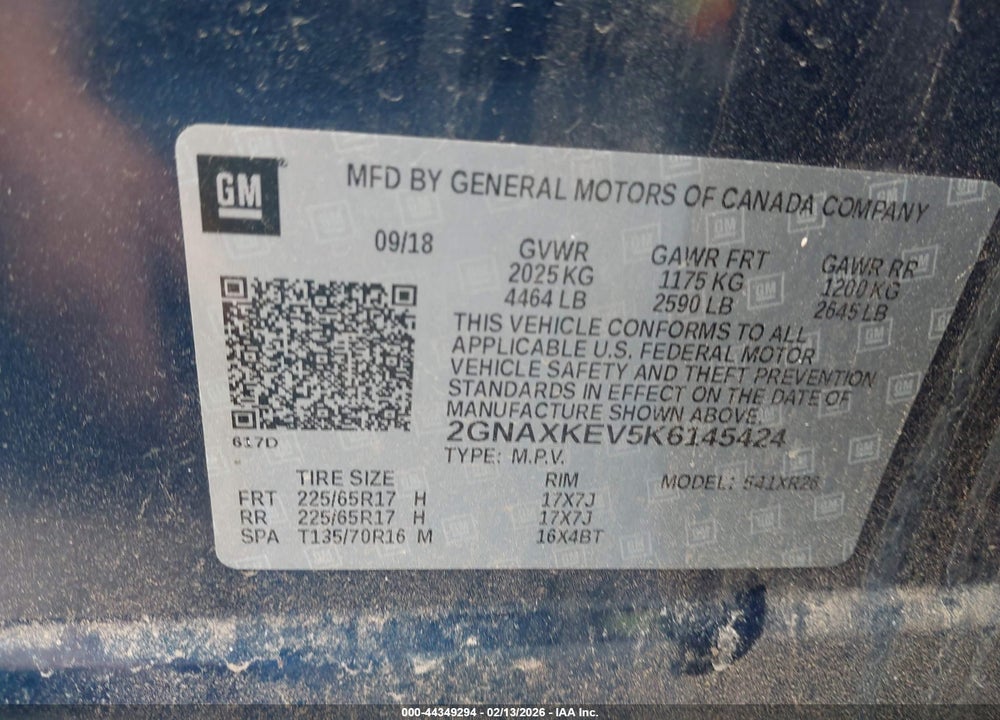2019 CHEVROLET EQUINOX LT VIN: 2GNAXKEV5K6145424