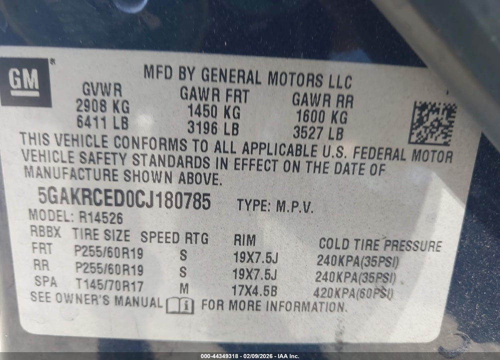 2012 BUICK ENCLAVE LEATHER VIN: 5GAKRCED0CJ180785