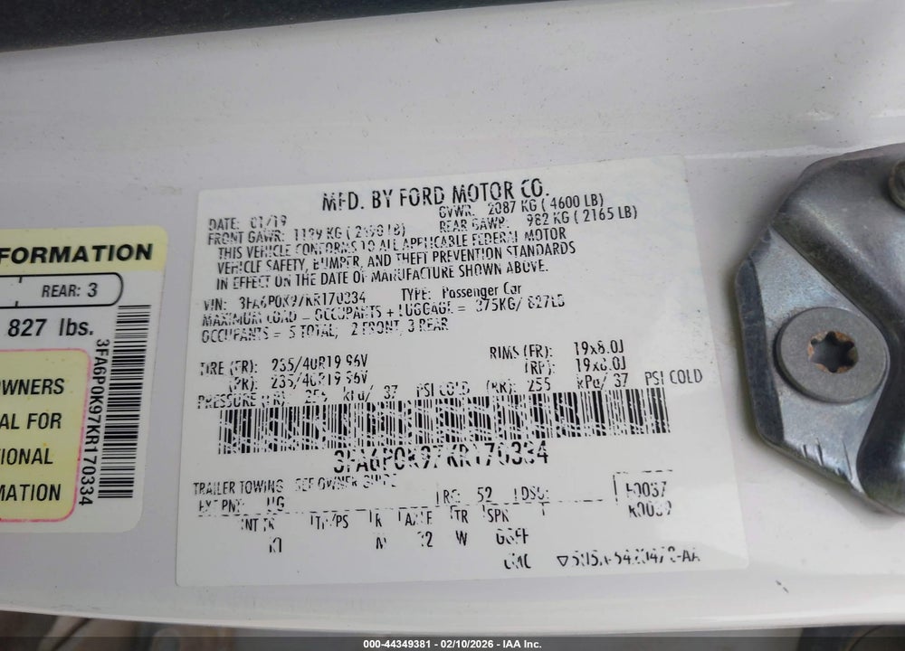 2019 FORD FUSION TITANIUM VIN: 3FA6P0K97KR170334