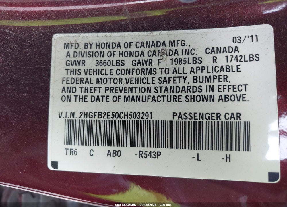 2012 HONDA CIVIC LX VIN: 2HGFB2E50CH503291