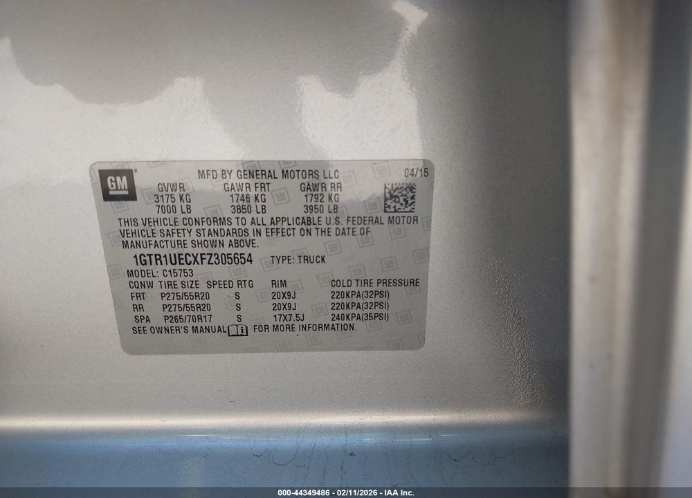 2015 GMC SIERRA 1500 SLE VIN: 1GTR1UECXFZ305654