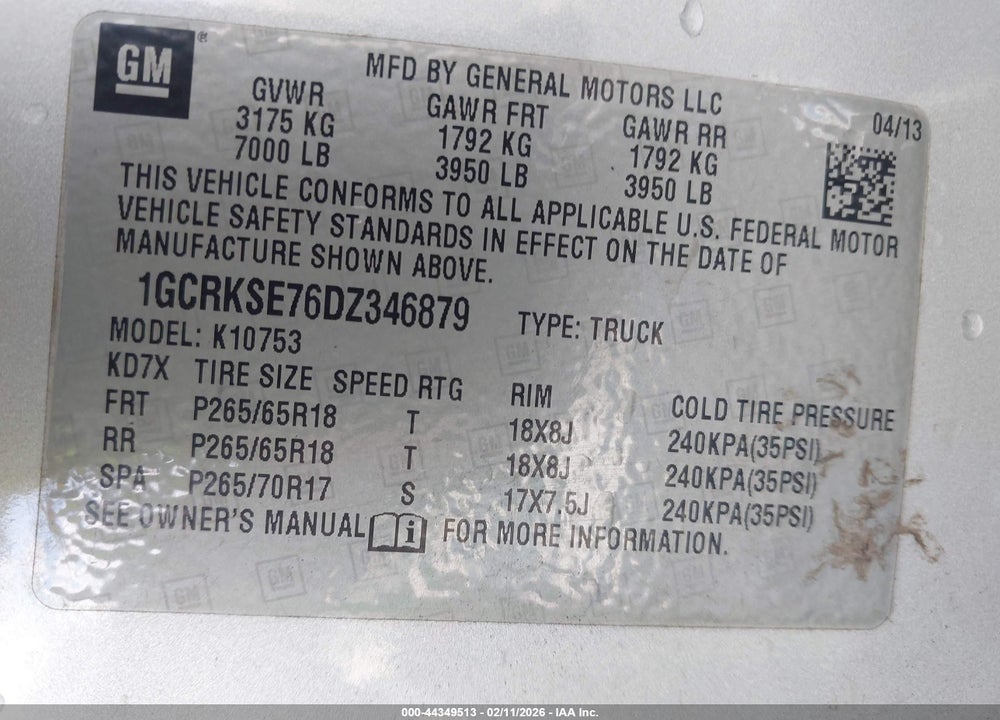 2013 CHEVROLET SILVERADO 1500 LT VIN: 1GCRKSE76DZ346879