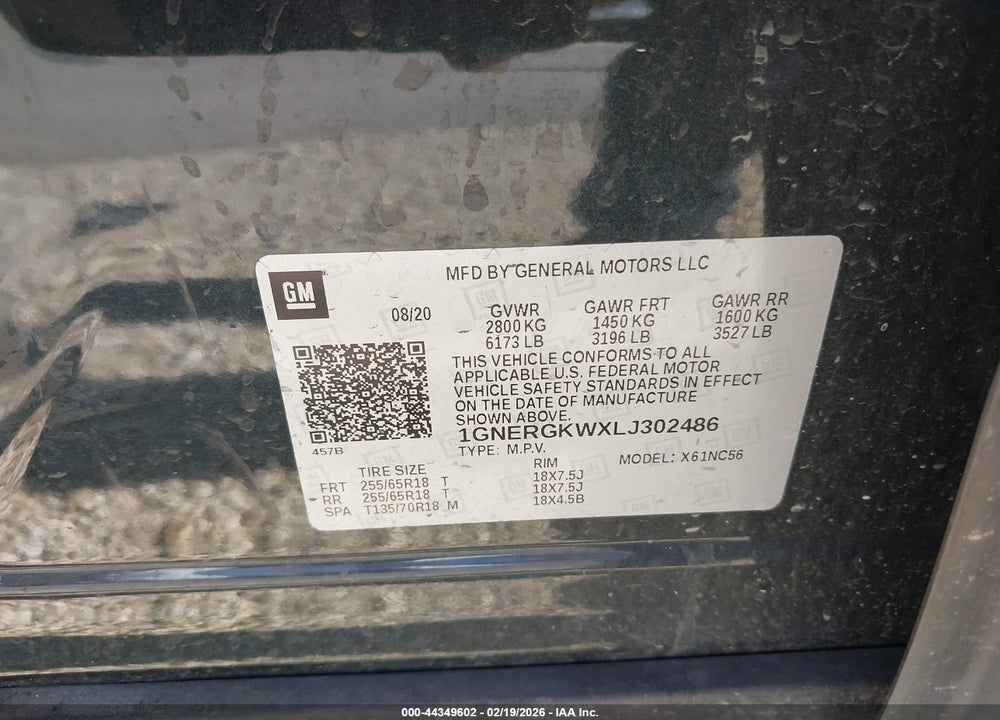 2020 CHEVROLET TRAVERSE FWD LT CLOTH VIN: 1GNERGKWXLJ302486