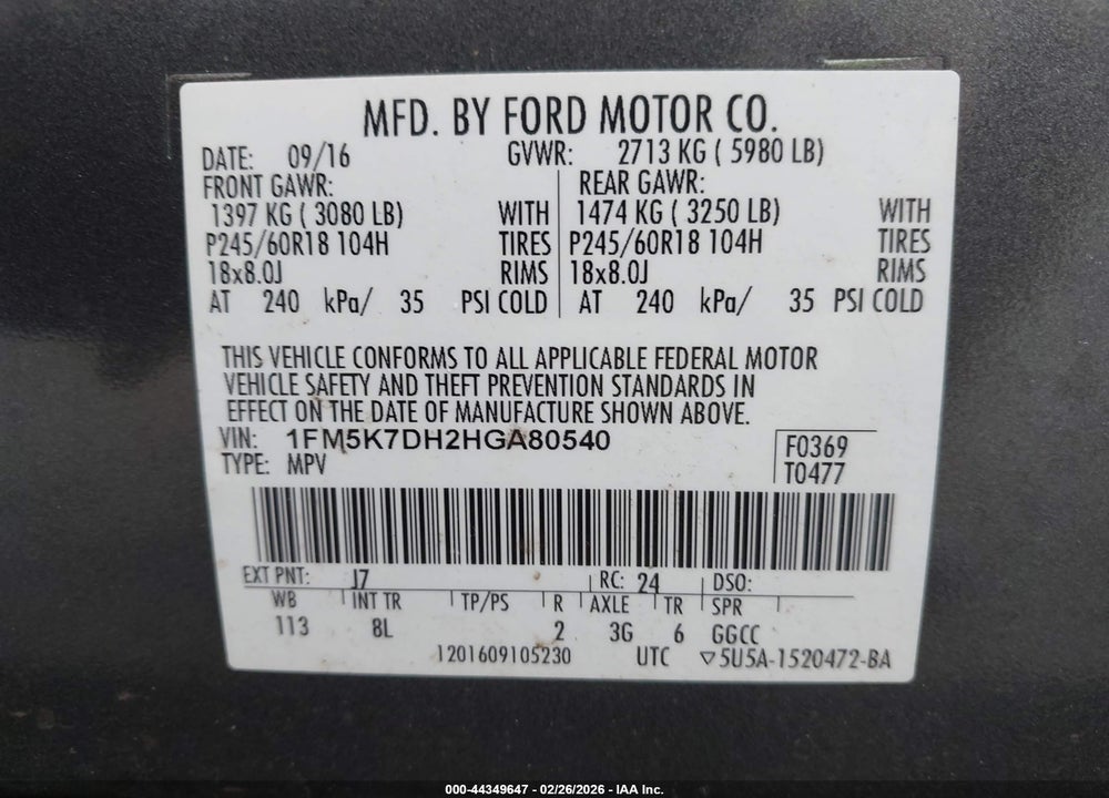 2017 FORD EXPLORER XLT VIN: 1FM5K7DH2HGA80540