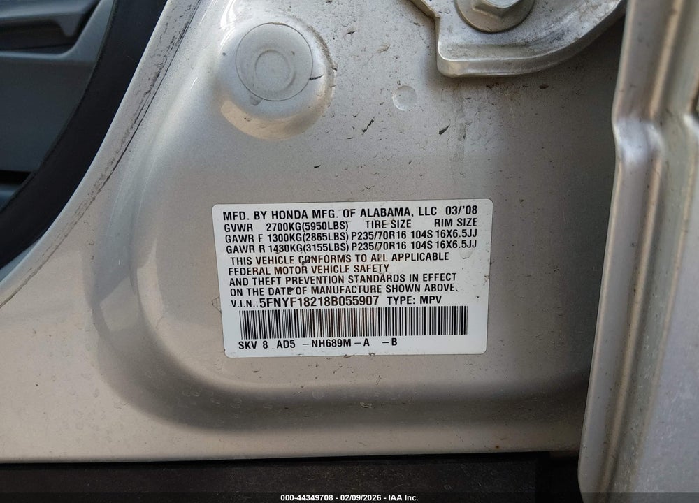2008 HONDA PILOT VP VIN: 5FNYF18218B055907