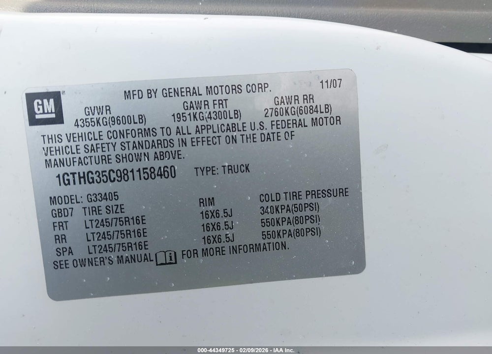 2008 GMC SAVANA WORK VAN VIN: 1GTHG35C981158460