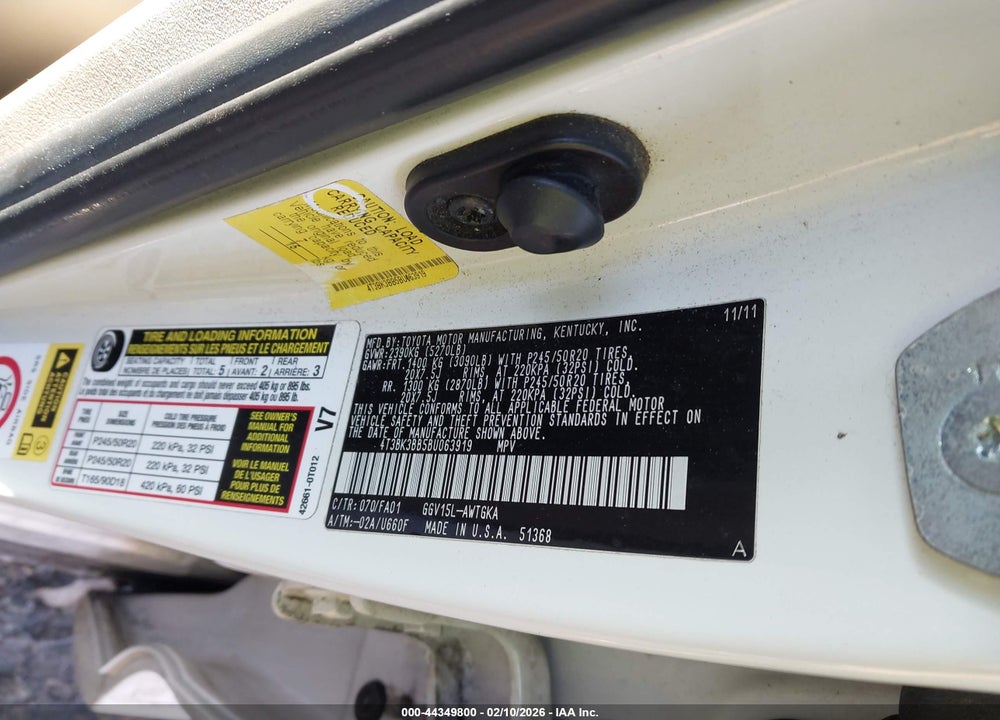2011 TOYOTA VENZA BASE V6 VIN: 4T3BK3BB5BU063919