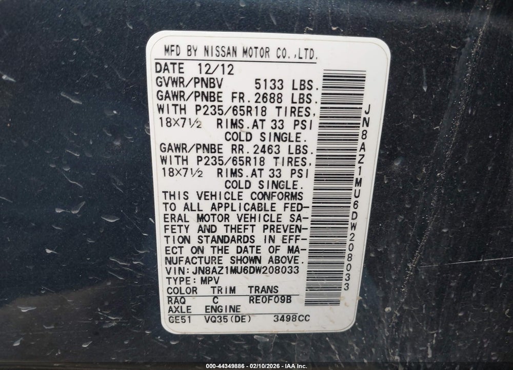 2013 NISSAN MURANO SL VIN: JN8AZ1MU6DW208033