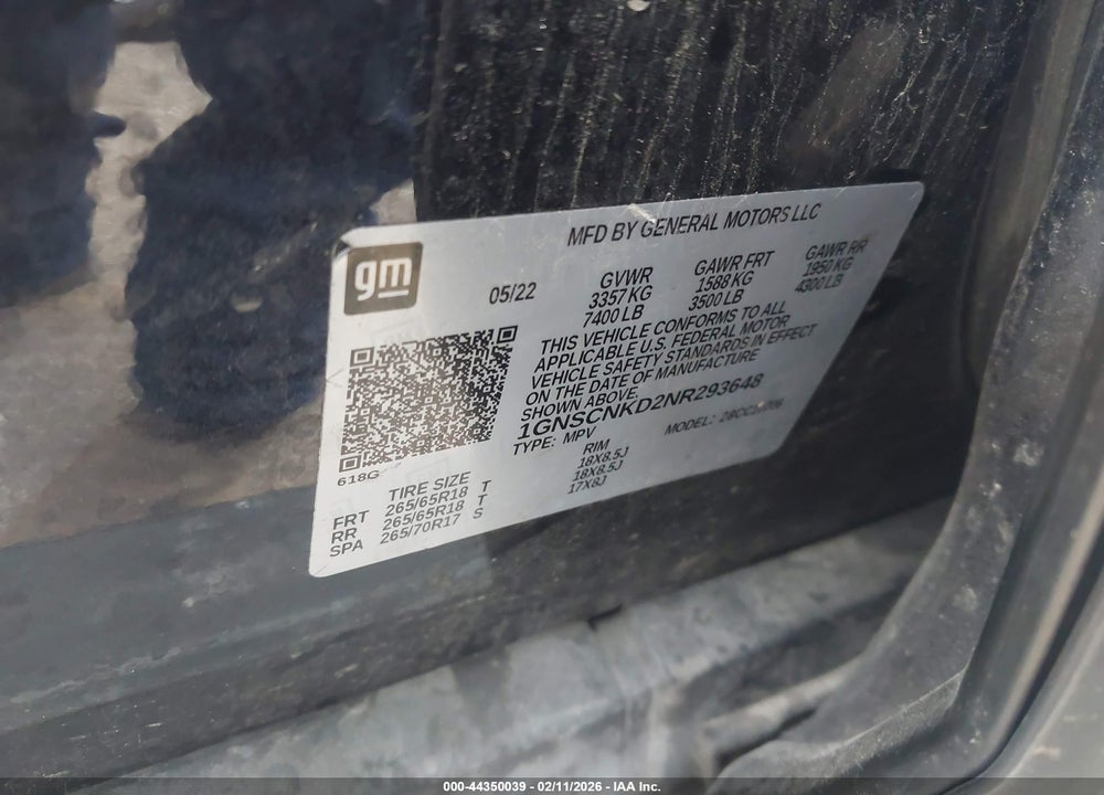 2022 CHEVROLET TAHOE 2WD LT VIN: 1GNSCNKD2NR293648