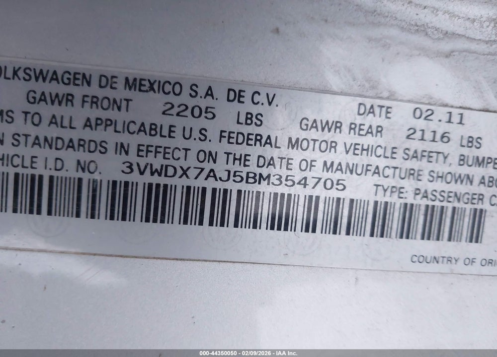 2011 VOLKSWAGEN JETTA 2.5L SE VIN: 3VWDX7AJ5BM354705