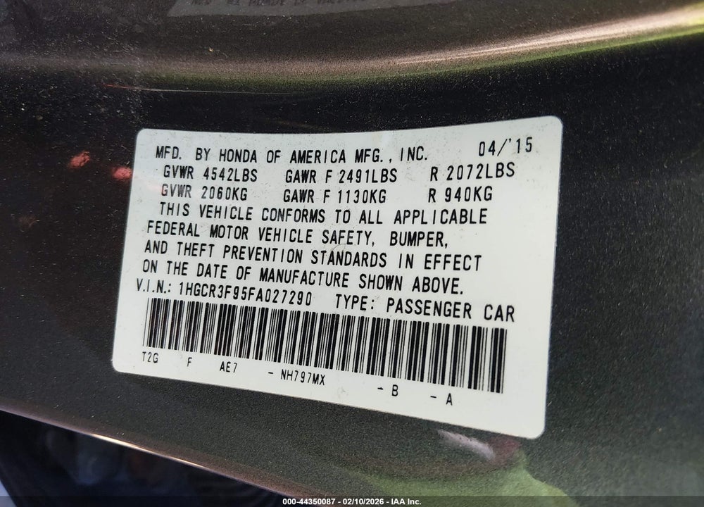 2015 HONDA ACCORD TOURING VIN: 1HGCR3F95FA027290