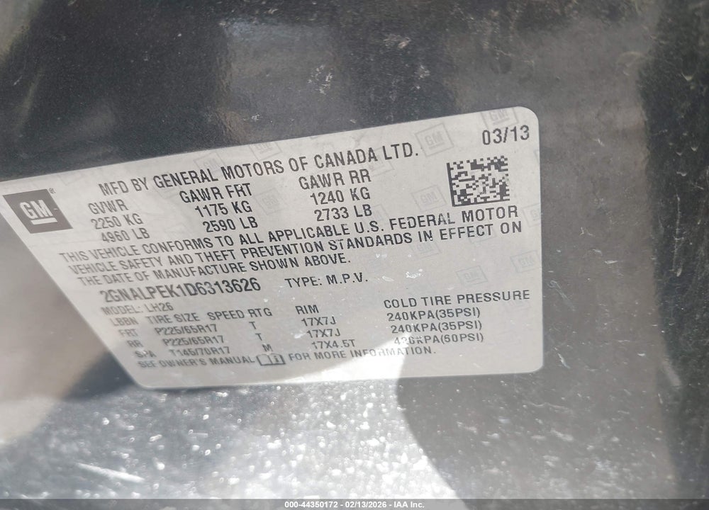 2013 CHEVROLET EQUINOX 2LT VIN: 2GNALPEK1D6313626