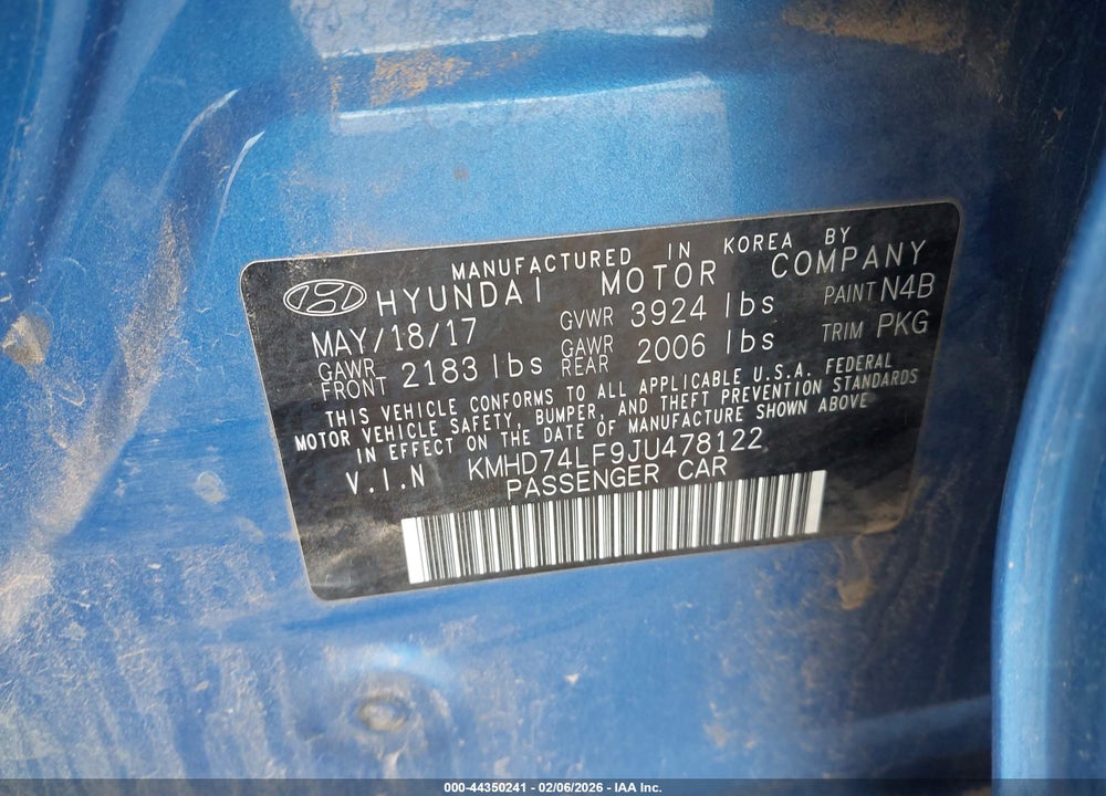 2018 HYUNDAI ELANTRA SE VIN: KMHD74LF9JU478122