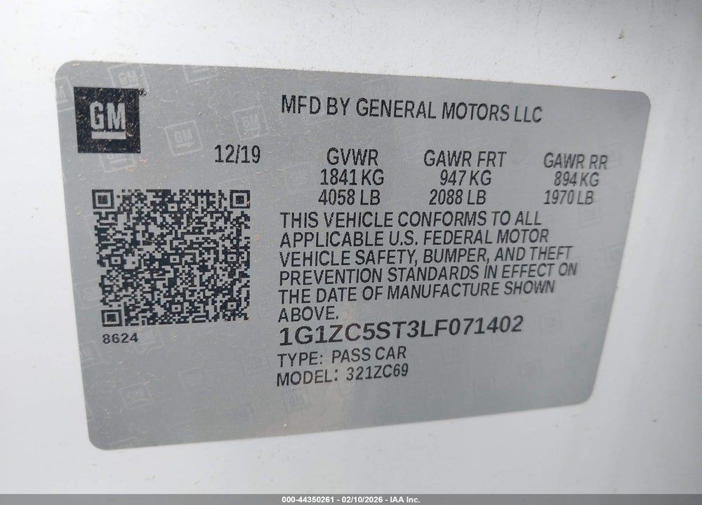 2020 CHEVROLET MALIBU FWD 1FL VIN: 1G1ZC5ST3LF071402