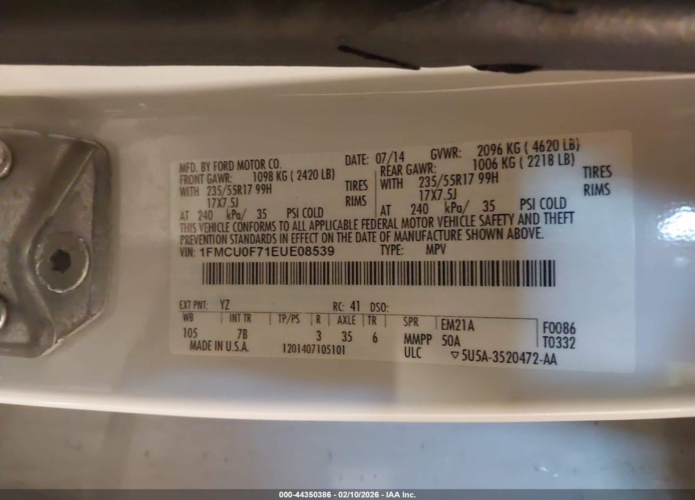 2014 FORD ESCAPE S VIN: 1FMCU0F71EUE08539