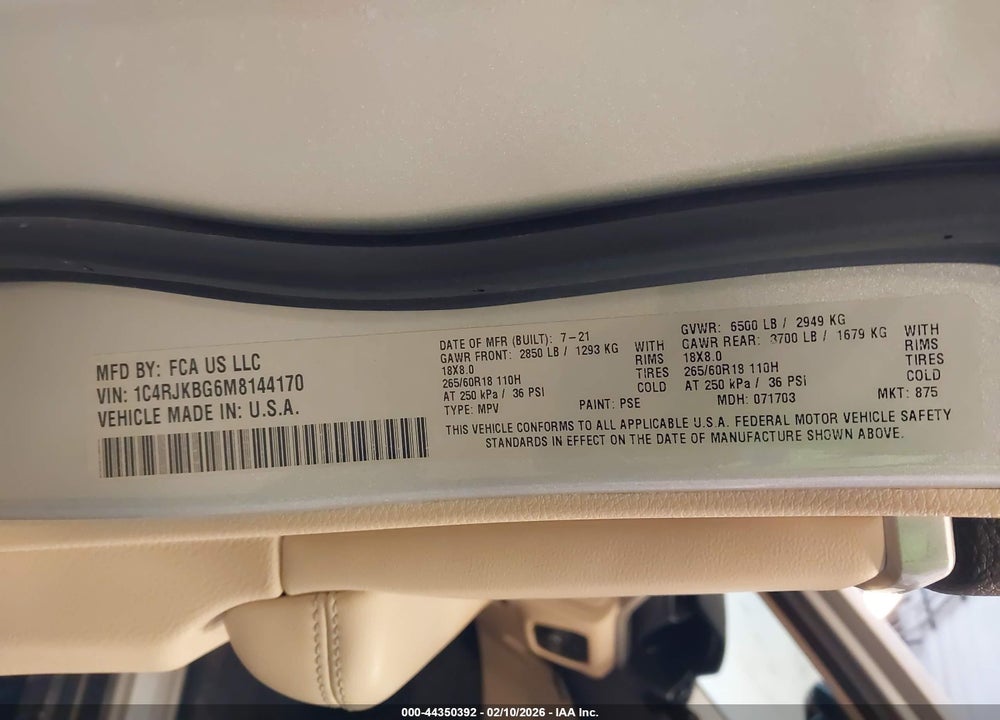 2021 JEEP GRAND CHEROKEE L LIMITED 4X4 VIN: 1C4RJKBG6M8144170