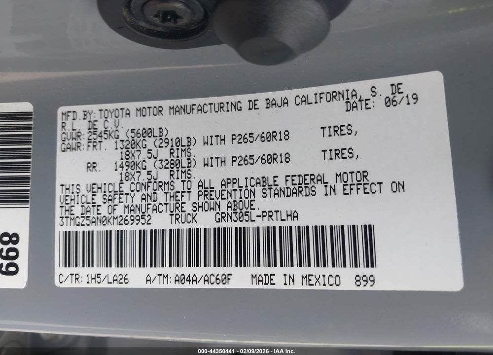 2019 TOYOTA TACOMA LIMITED VIN: 3TMGZ5AN0KM269952