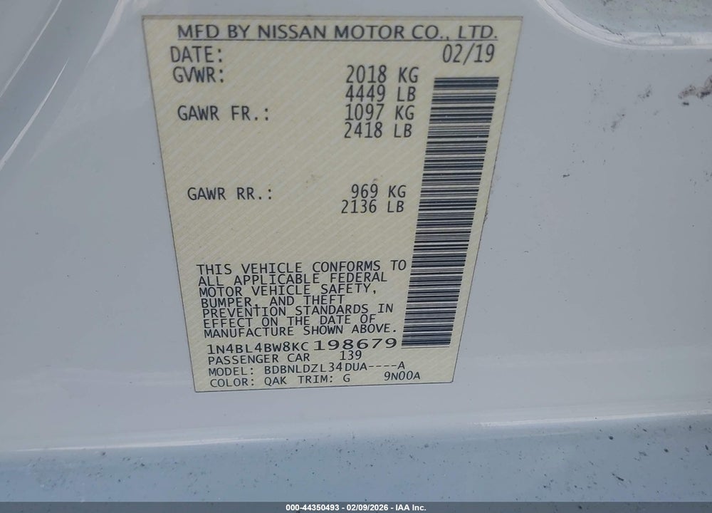 2019 NISSAN ALTIMA 2.5 S VIN: 1N4BL4BW8KC198679