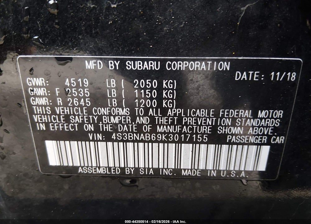 2019 SUBARU LEGACY 2.5I VIN: 4S3BNAB69K3017155