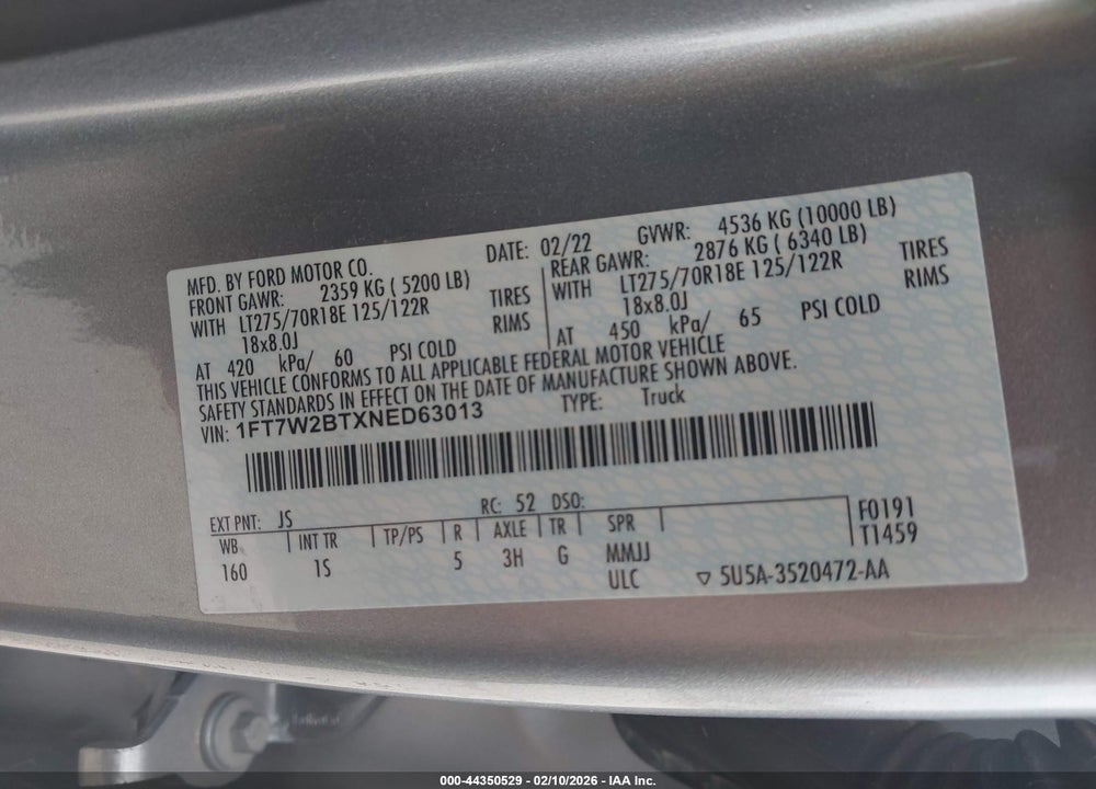 2022 FORD F-250 XL VIN: 1FT7W2BTXNED63013