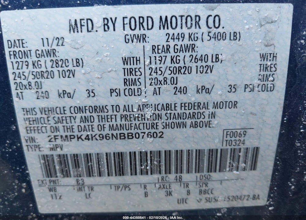 2022 FORD EDGE TITANIUM VIN: 2FMPK4K96NBB07602