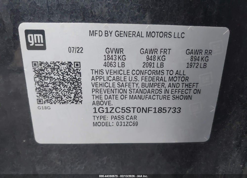 2022 CHEVROLET MALIBU FWD 1FL VIN: 1G1ZC5ST0NF185733