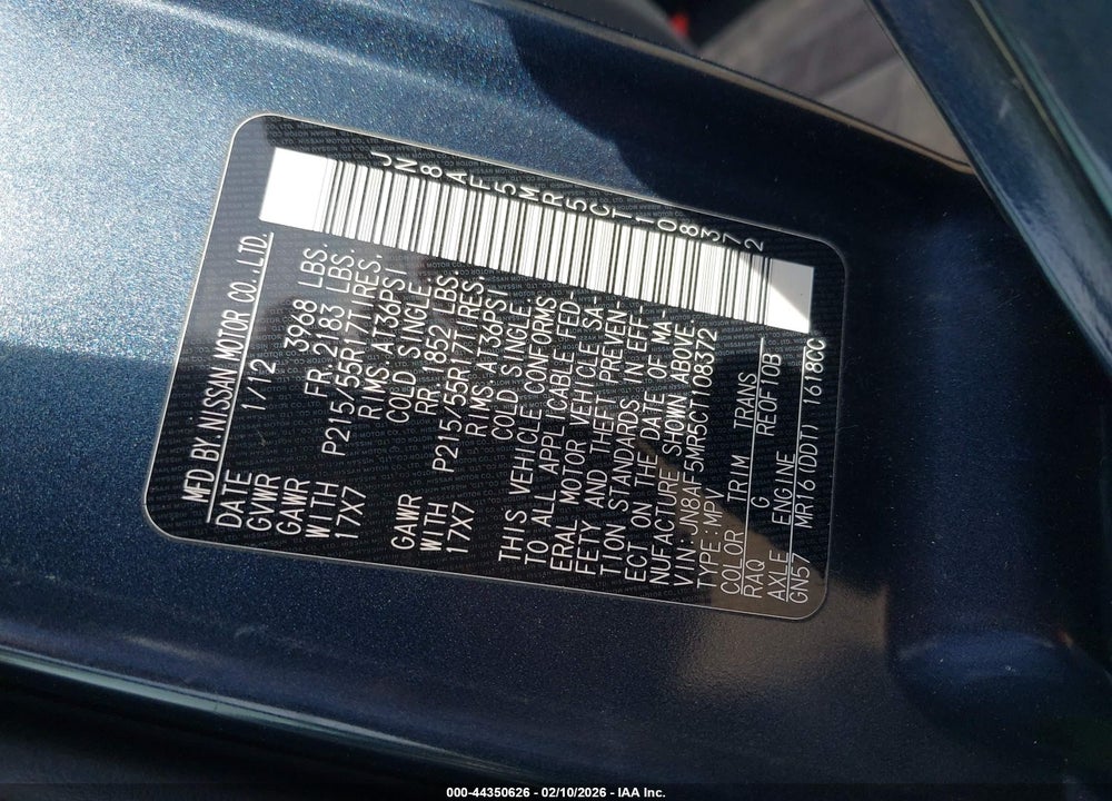 2012 NISSAN JUKE SV VIN: JN8AF5MR5CT108372