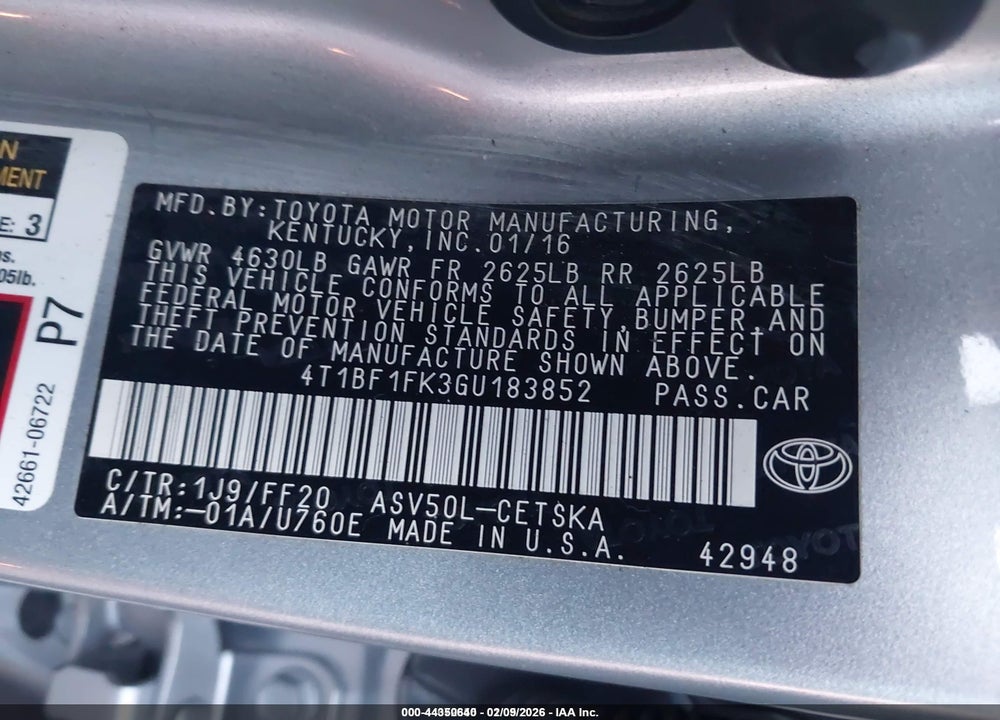 2016 TOYOTA CAMRY SE VIN: 4T1BF1FK3GU183852