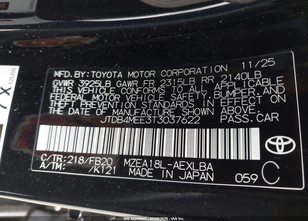 2026 TOYOTA COROLLA LE VIN: JTDB4MEE3T3037622