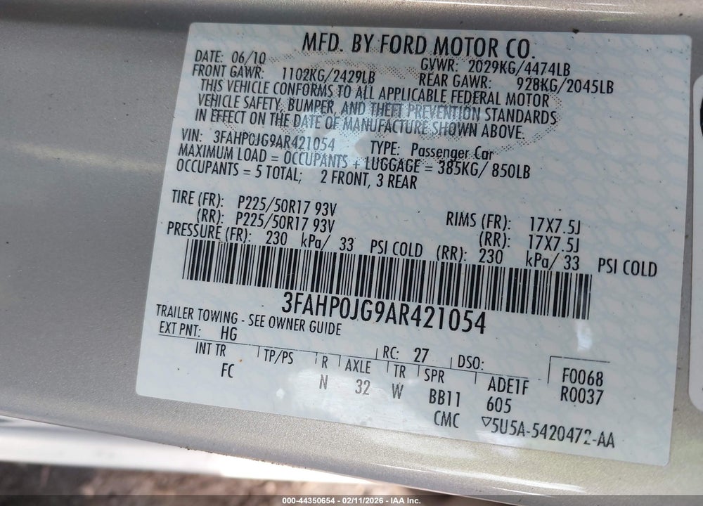 2010 FORD FUSION SEL VIN: 3FAHP0JG9AR421054