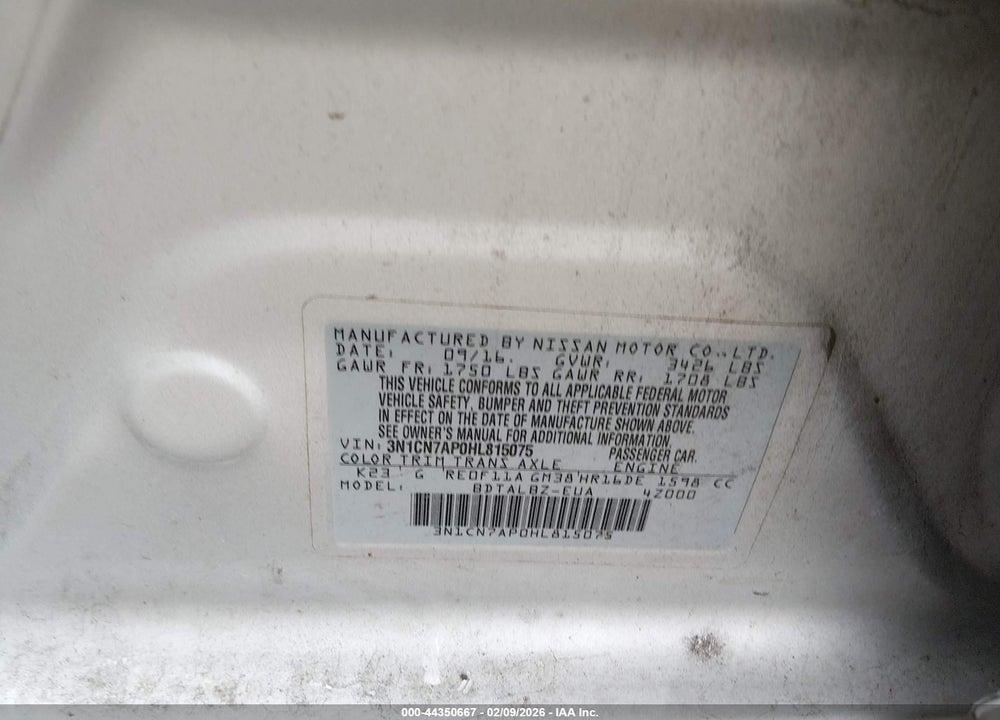 2017 NISSAN VERSA VIN: 3N1CN7AP0HL815075