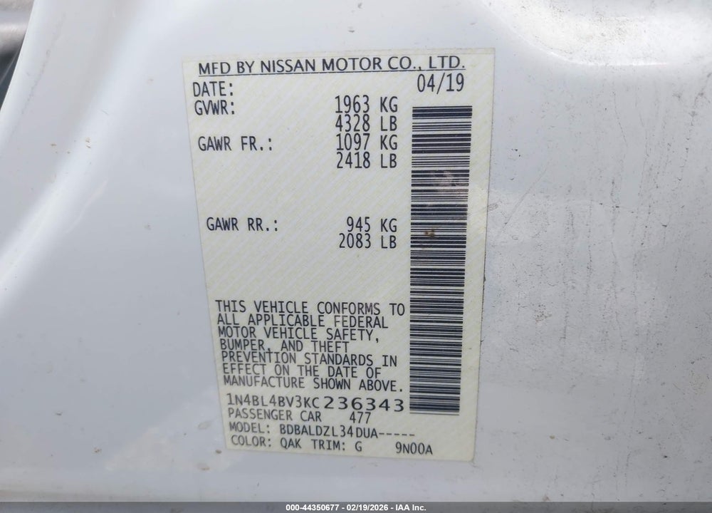 2019 NISSAN ALTIMA 2.5 S VIN: 1N4BL4BV3KC236343