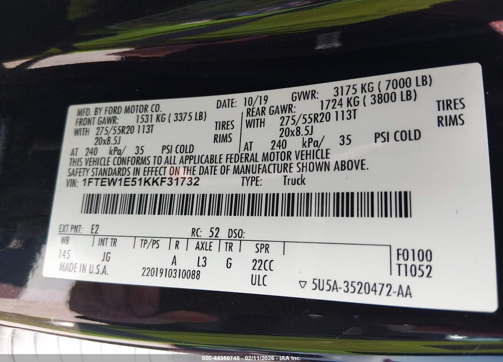 2019 FORD F-150 XL VIN: 1FTEW1E51KKF31732