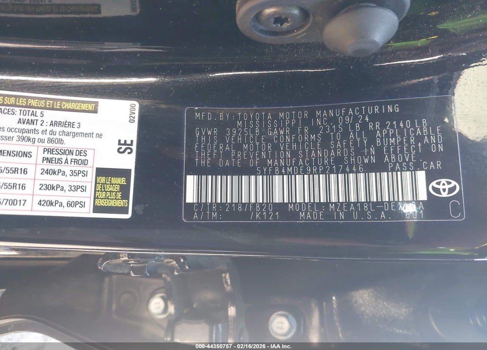 2024 TOYOTA COROLLA LE VIN: 5YFB4MDE9RP217446