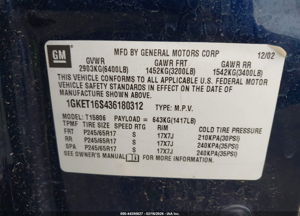 2003 GMC ENVOY XL SLE VIN: 1GKET16S436180312
