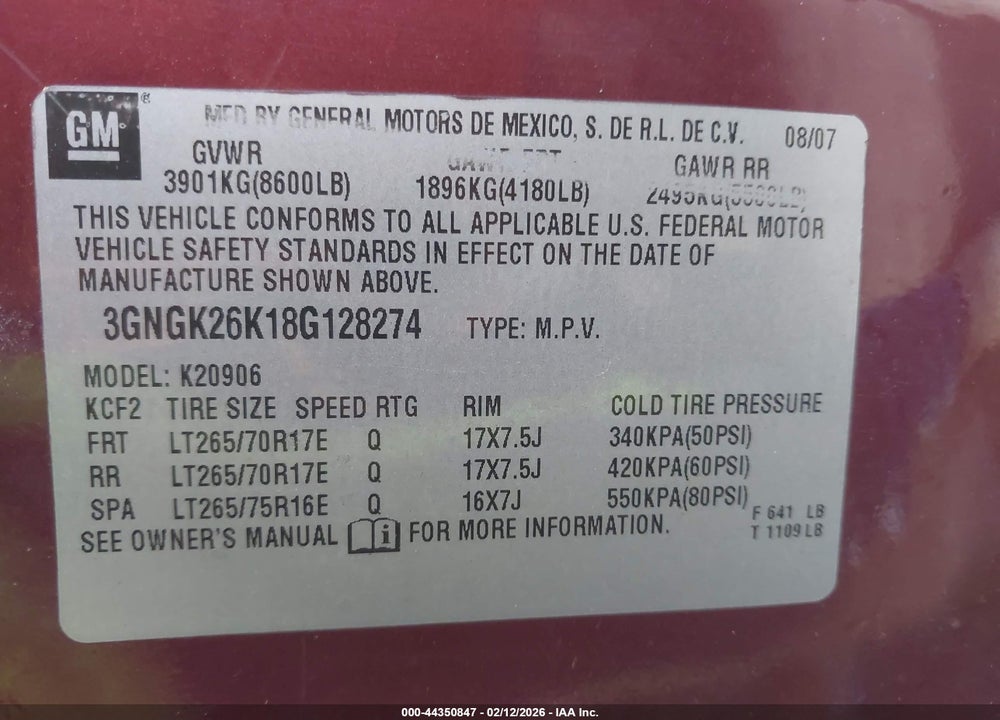 2008 CHEVROLET SUBURBAN 2500 LT VIN: 3GNGK26K18G128274