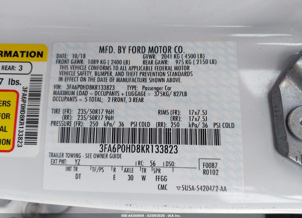 2019 FORD FUSION SE VIN: 3FA6P0HD8KR133823