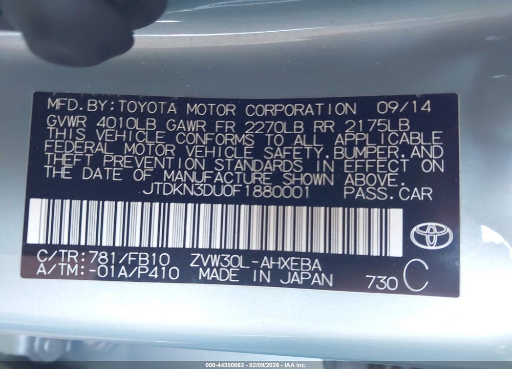 2015 TOYOTA PRIUS THREE VIN: JTDKN3DU0F1880001