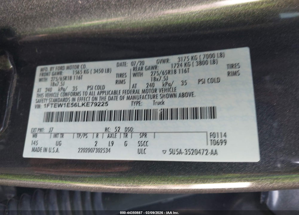 2020 FORD F-150 XLT VIN: 1FTEW1E56LKE79225