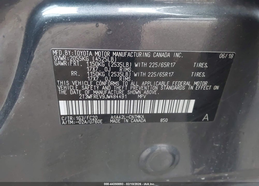 2018 TOYOTA RAV4 XLE VIN: 2T3WFREV9JW484491